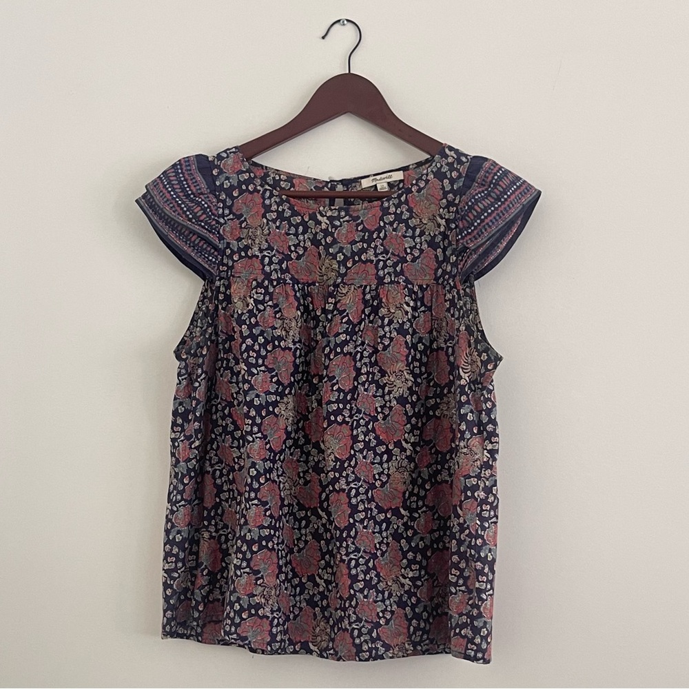 Madewell Cap-sleeve Floral Top, size 12, Navy